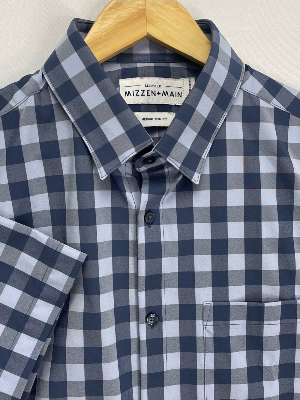 Mizzen+Main Leeward Shirt Men’s M Blue Check Trim Fit Performance Short Sleeve